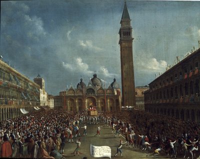 San Marco Meydanı'nda doge alayı ve vatandaşlara para dağıtımı - Tablo Gabriele Bella (yaklaşık 1730-1799). Venedik, Querini Stampal Vakfı by Gabriele Bella