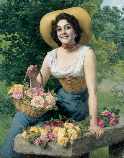 Bir sepet gül tutan bir güzellik by Gaetano Bellei