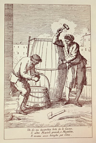 Coopers iş başında, Venedik, İtalya şehrinde gündelik hayatın sanatlarından Gaetano Gherardo Zompini (1700-1778) tarafından gravür by Gaetano Zompini