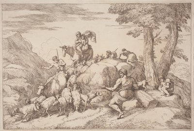 Bir Anne ve Çocuğu At Sırtında Ve Oturan Yaşlı Bir Çobanla Kırsal Bir Yolculuk by Gaetano Zompini, after Giovanni Benedetto Castiglione