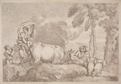 At Sırtında İki Çocuklu Bir Kadın by Gaetano Zompini, after Giovanni Benedetto Castiglione