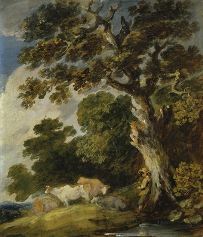 Sığır ve çobanların olduğu ormanlık bir manzara (tuval üzerine kağıt üzerine yağlı boya) by Gainsborough Dupont