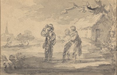 Üç figürlü manzara, kulübe ve kilise kulesi by Gainsborough Dupont