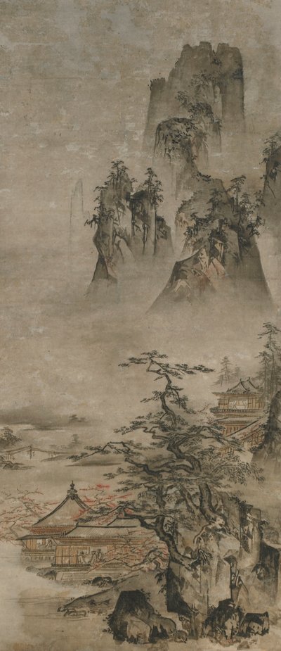 Manzara: dağlar, dere ve evler, Muromachi dönemi, 16. yüzyılın başları. by Gakuo Zokyu