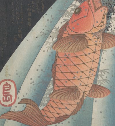 Şelaleye Yükselen Kırmızı Sazan, 1820'lerin sonu. by Gakutei