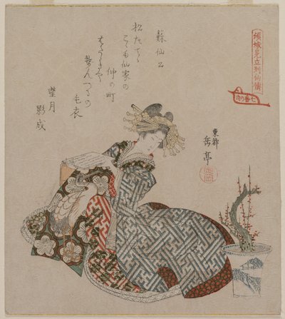 Seven Courtesans to Taoist Immortals ile karşılaştırıldığında diziden Saksılı Erik Ağacının Yanında Okuma Fahişesi by Gakutei Harunobu