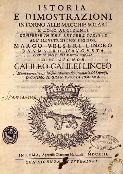 Güneş lekeleri ve özellikleri ile ilgili Tarih ve gösterilerin başlık sayfası by Galileo Galilei