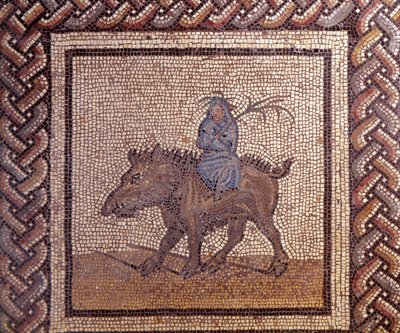 Gallo Roman Art: rustik bir takvimi temsil eden mozaik döşeme. Bir domuza binen Kış alegorisi. JC