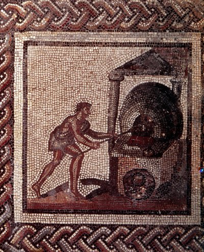 Gallo Roman Art: rustik bir takvimi temsil eden mozaik döşeme. Ekmek yapma sahnesi. JC