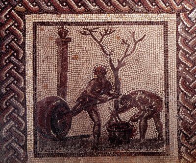 Gallo Roman Art: rustik bir takvimi temsil eden mozaik döşeme. Kavanoz zehirleme sahnesi. JC