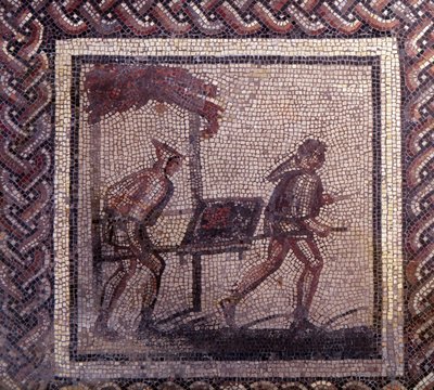 Gallo Roman Art: rustik bir takvimi temsil eden mozaik döşeme. Gübre taşıma sahnesi. JC