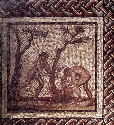 Gallo Roman Art: rustik bir takvimi temsil eden mozaik döşeme. Sızma sahnesi. JC