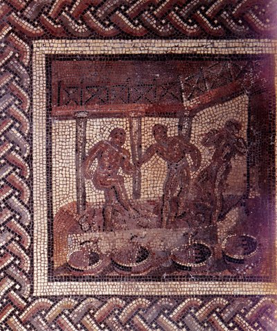 Gallo Roman Art: rustik bir takvimi temsil eden mozaik döşeme. Bir fıçıda üzümleri ezme sahnesi. JC