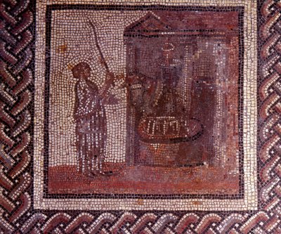 Gallo Roman Art: rustik bir takvimi temsil eden mozaik döşeme. İş, taşlama tekerleğine sahiptir. JC