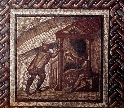 Gallo Roman Art: rustik bir takvimi temsil eden mozaik döşeme. Hasır işleri ve örgü sepetleri. JC