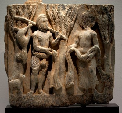 Bir avcıyla kıyafet değiştirin. Alçak kabartmalı heykel, Gandhara (Pakistan) sanatı, 2.-3. yüzyıl. Kore Ulusal Müzesi, Seul (Güney Kore). by Gandhara School
