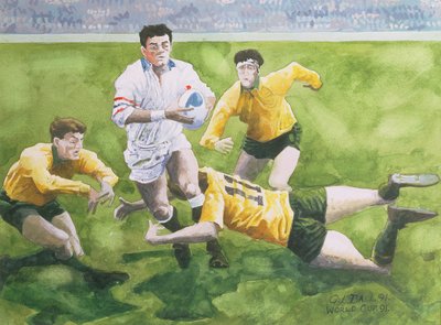 Rugby Maçı: 1991 Dünya Kupası Finalinde İngiltere - Avustralya, Will Carling ile mücadele ediliyor (wc) by Gareth Lloyd Ball
