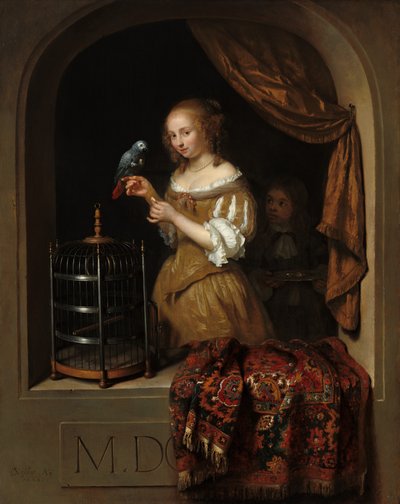 Papağanı Besleyen Kadın, Sayfalı, 1666. by Gaspar Netscher