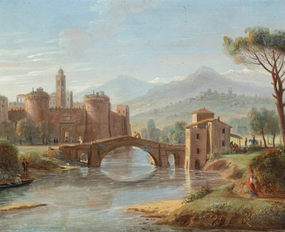 Müstahkem bir kasabaya giden bir köprü ile bir nehir manzarası (bakır üzerine yağlıboya) by Gaspar van (1653-1736) Wittel