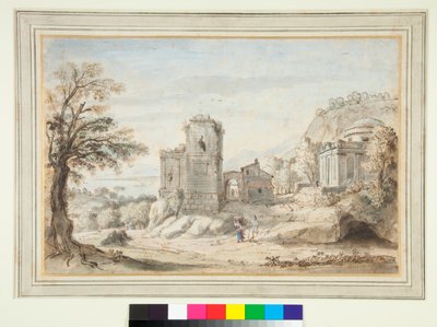 Harabeler ve Tapınak ile Manzara (kalem ve kahverengi mürekkep ve renkli yıkamalar) by Gaspar van Wittel