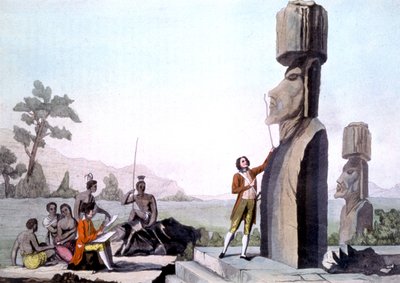 La Perouse, ekibiyle birlikte, Paskalya Adası'ndaki Heykelleri ölçerken (1786), gravür by Gaspard (after) Duche de Vancy