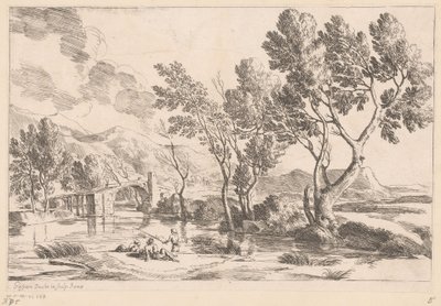 Köprü ve balıkçılar ile nehir manzarası by Gaspard Dughet