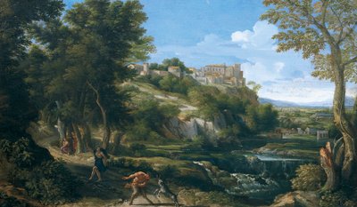 1667 - 1668, Gaspard Dughet (1615-1675) tarafından dans eden faun ve periyi gösteren manzara by Gaspard Poussin Dughet