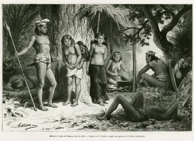 Bivouac ve ormandaki Akciğer türleri. G.Vuillier tarafından yapılan gravür, De Koutei a Bandjirmasin, Borneo