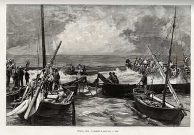 Ton balığı avı (mattanza): Ölüm odası, orkinos presleri dar bir alanda balıkçıların zıpkınlarıyla kapatılır. Gaston Vuillier (1845-1915), 1890