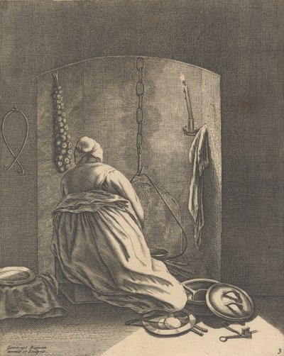 Yemek Yapan Kadın, Beş Kadınsı Meslekten Tabak 3, yakl. 1640-57., ca. 1640-57. by Geertruydt Roghman