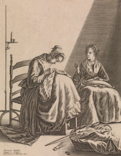 İki Kadın Dikiş, Beş Kadınsı Meslekten Levha 1, ca. 1640-57. by Geertruydt Roghman