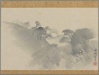 Tepe, ağaçlar ve ayın doğuşuyla birlikte manzara, Edo dönemi, 1747-1868. by Genki