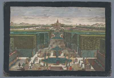 Bir bahçenin sol tarafında bir caddenin görünümü Spaziergang zur lincken Seite des Lust-Gartens (nesne üzerindeki başlık) by Georg Balthasar Probst