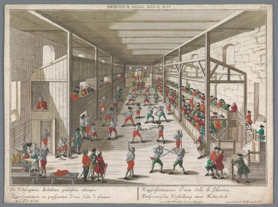 Bir eskrim okulunun görünümü Perspectivische Vorstellung einer Fechtschule (nesne üzerindeki başlık) Turnuva ve Eskrim Okulları (dizi adı) by Georg Balthasar Probst