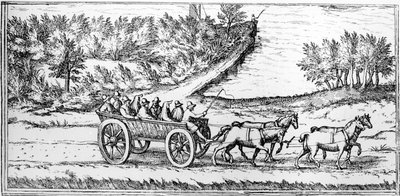 Coach with passengers in France, detail of a map, late 16th century  by Georg Braun und Franz Hogenberg
