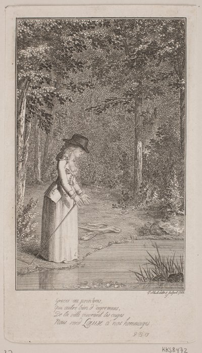 Genç bir bayan, su kenarında bir ormanda duruyor. by Georg Christian Schule