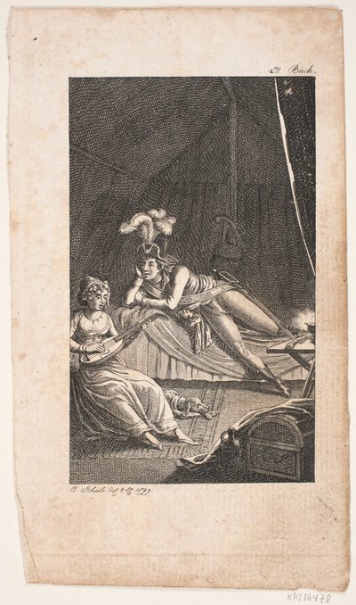 Çadırda bir beyefendi için lye oynayan bir bayanla illüstrasyon by Georg Christian Schule