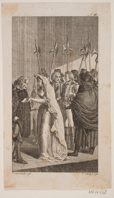 Yaşlı bir adama mektup veren genç bir bayanla illüstrasyon. Arka planda şehir muhafızları tarafından çevrili iki beyefendi by Georg Christian Schule