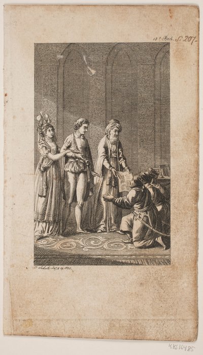 Doğulu ve diz çökmüş üç Türk askeri olan genç bir çiftin illüstrasyonu by Georg Christian Schule