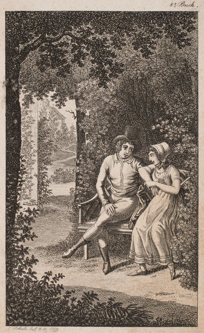Bir bahçede bankta çift ile illüstrasyon by Georg Christian Schule