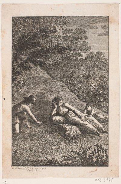 Bir manzarada erkek ve kızla yatan kadın by Georg Christian Schule