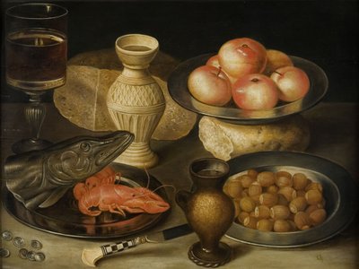 Siegburg seramikten sürahi, bardak, bıçak, iki somun ile natürmort, 17. yüzyıl başları.. by Georg Flegel
