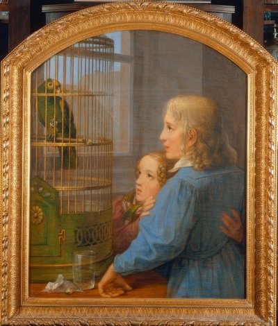 Bir papağan çiftçisinin önünde iki çocuk by Georg Friedrich Kersting