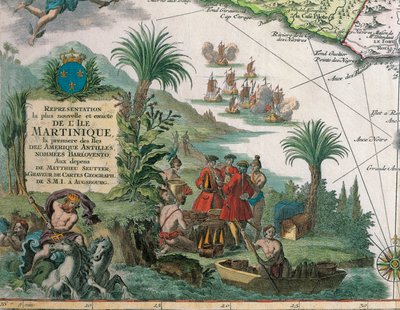 Matthieu Seutter tarafından oluşturulan Martinik Haritası, ayrıntılar: Tüccarlar ve Kızılderili Kızılderilileri by Georg Matthäus Seutter