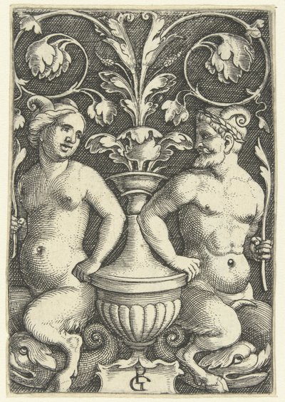 Kadın ve erkek satir Grotesk ve yaprak sarmaşıklarla yüzey süslemeleri (seri başlığı) by Georg Pencz