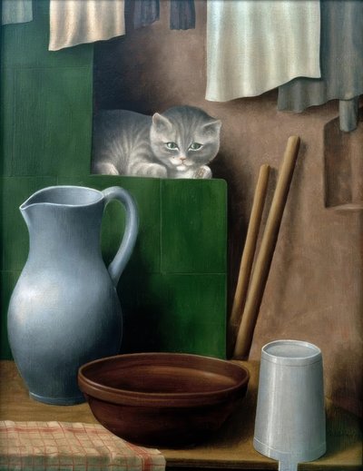Bir kedi ile natürmort (fırın köşesi) by Georg Schrimpf
