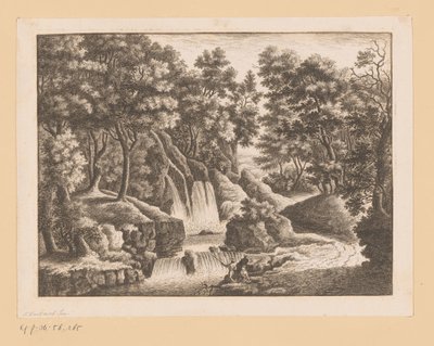 Ön planda iki balıkçı ile ormandaki şelale by Georg Wolfgang Knorr (possibly)