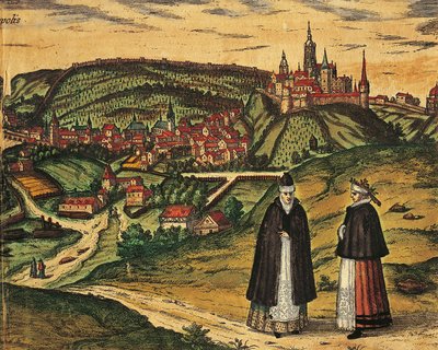 Çek Cumhuriyeti, Prag, Arka planda kale ile şehrin görünümü, Georg Braun (1541-1622) ve Franz Hogenberg (1535-1590) tarafından Civitates Orbis Terrarum