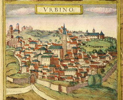 İtalya, Urbino, Şehir manzarası, Georg Braun (1541-1622) ve Franz Hogenberg (1535-1590) tarafından Civitates Orbis Terrarum