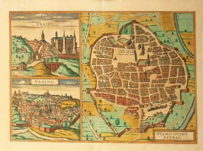Urbino ve Sulmona, Abruzzo ve Marches bölgelerinin haritaları, İtalya, Georg Braun tarafından Dünya Şehirlerinden by Georg Braun and Hogenberg Franz
